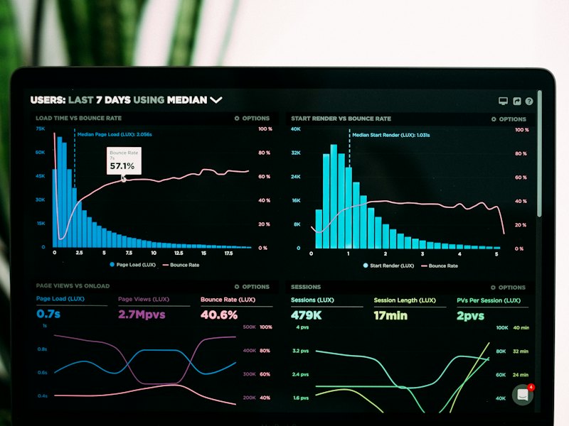 Pannello di dati su uno schermo scuro: numeri e grafici da leggere prima di decidere